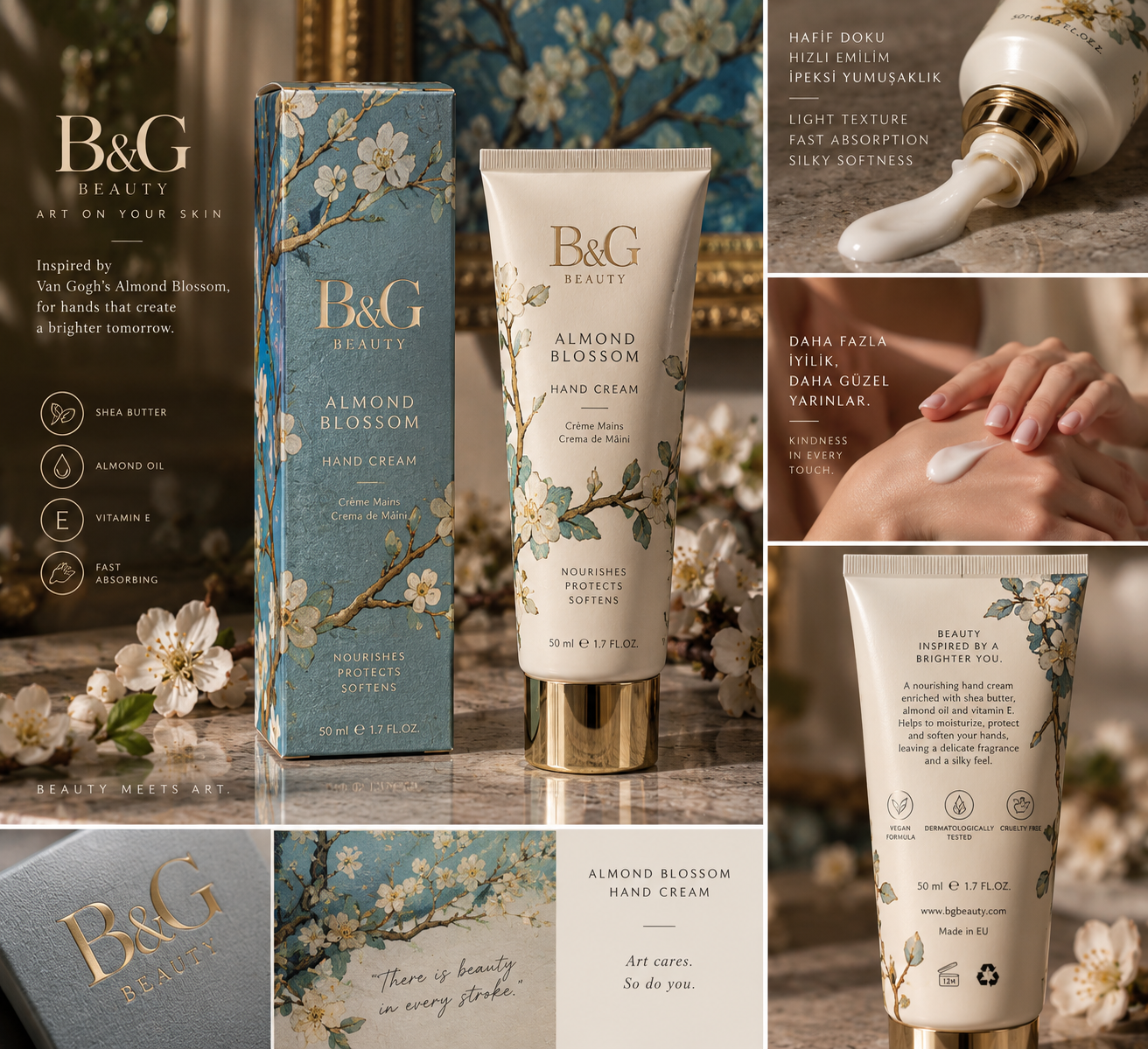 Almond Blossom hand cream packaging design board