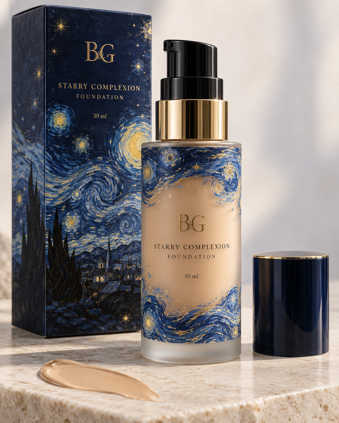 Starry Complexion foundation design in a glass pump bottle
