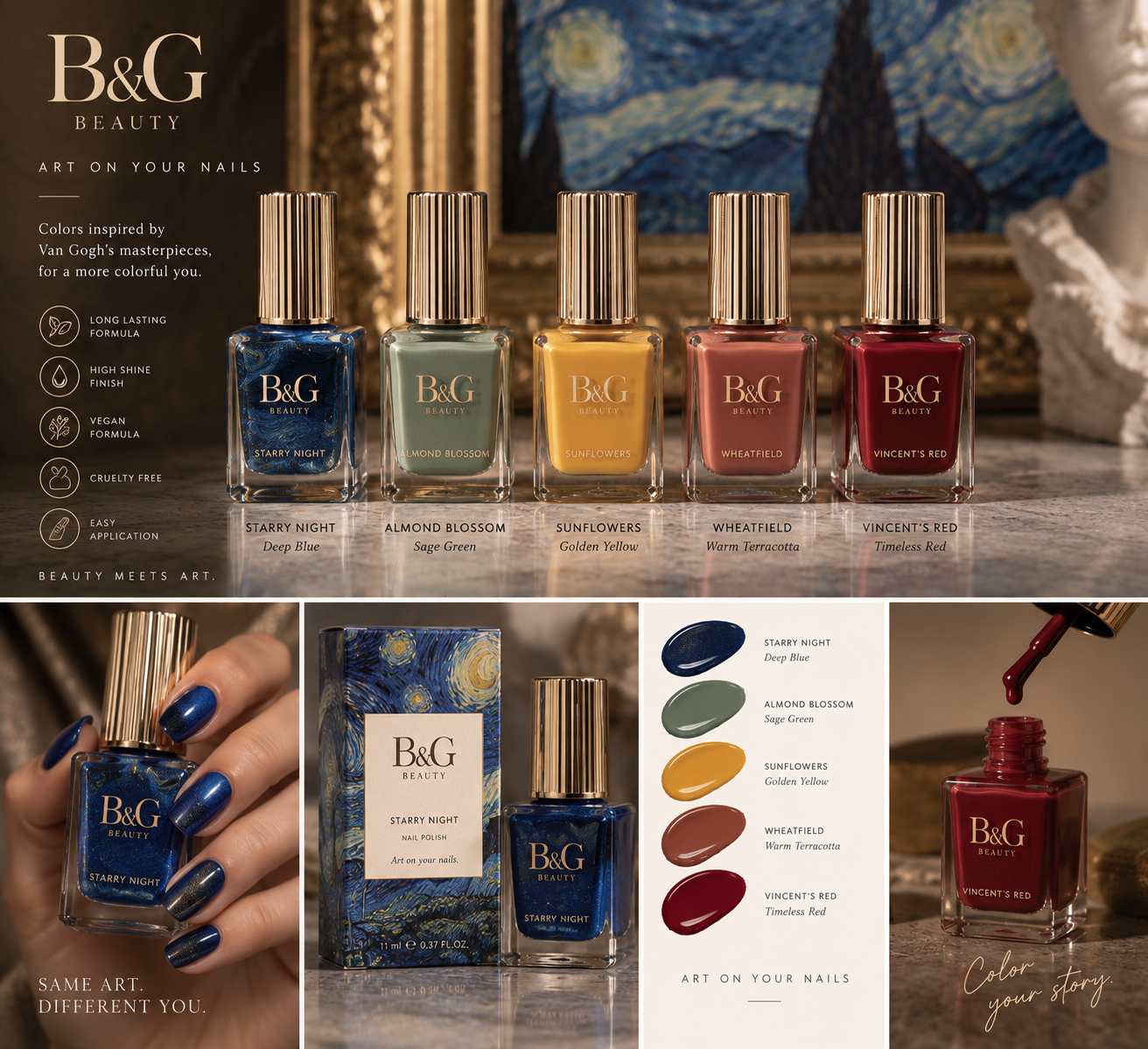 B&G nail colour design board with five art-inspired colours