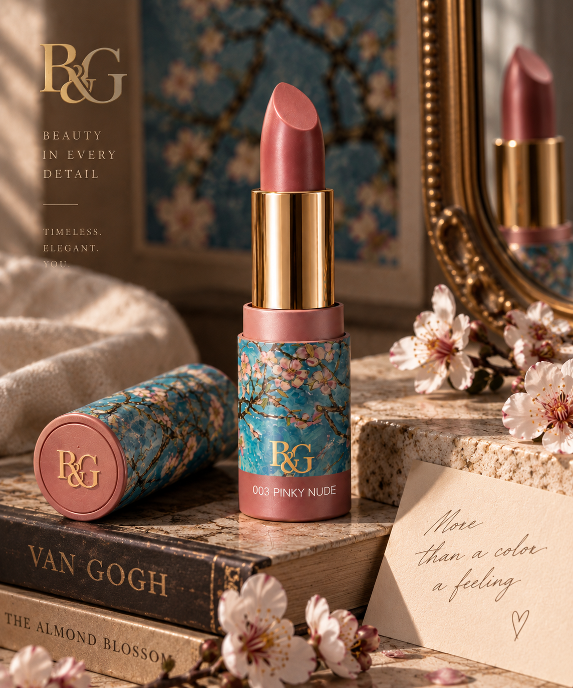 Pinky Nude lipstick with almond blossom packaging
