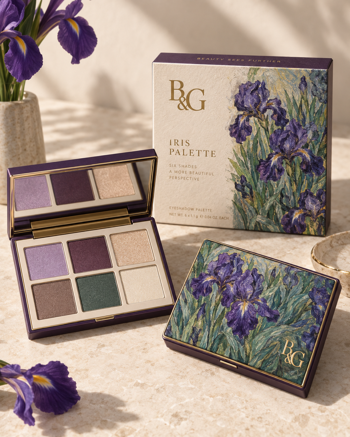 Iris eyeshadow palette with six shades and floral packaging