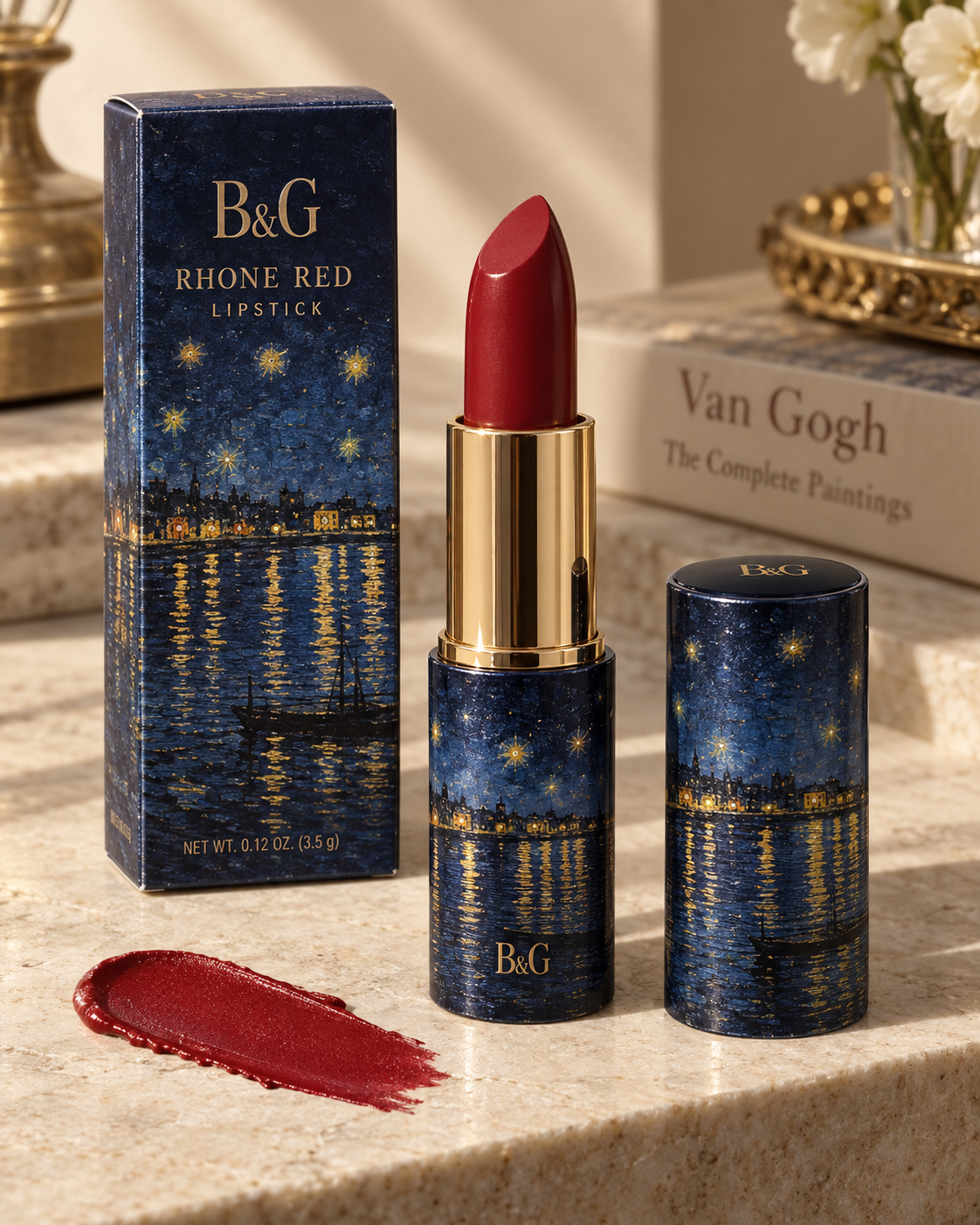 B&G Rhône Red lipstick with gold details and packaging inspired by Starry Night over the Rhône