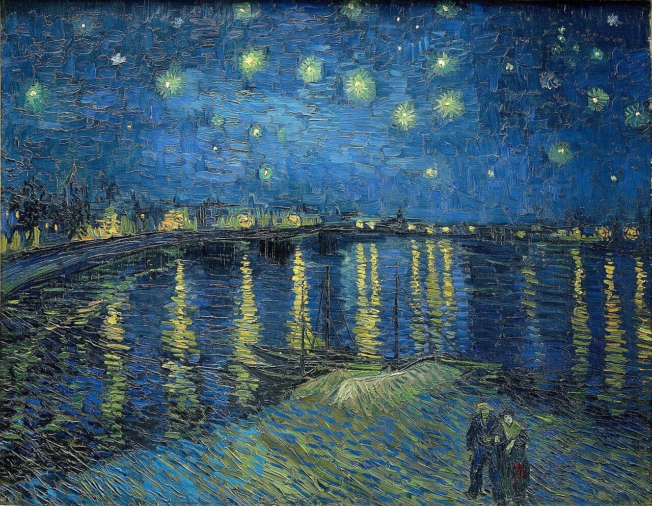 Van Gogh’s Starry Night over the Rhône, with golden lights reflected on blue water